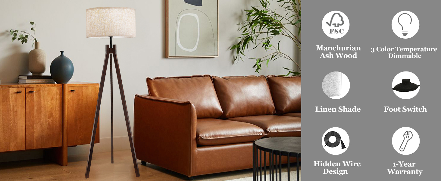 ELYONA Wood Tripod Floor Lamp for Bedroom, 3 Color Temperatures